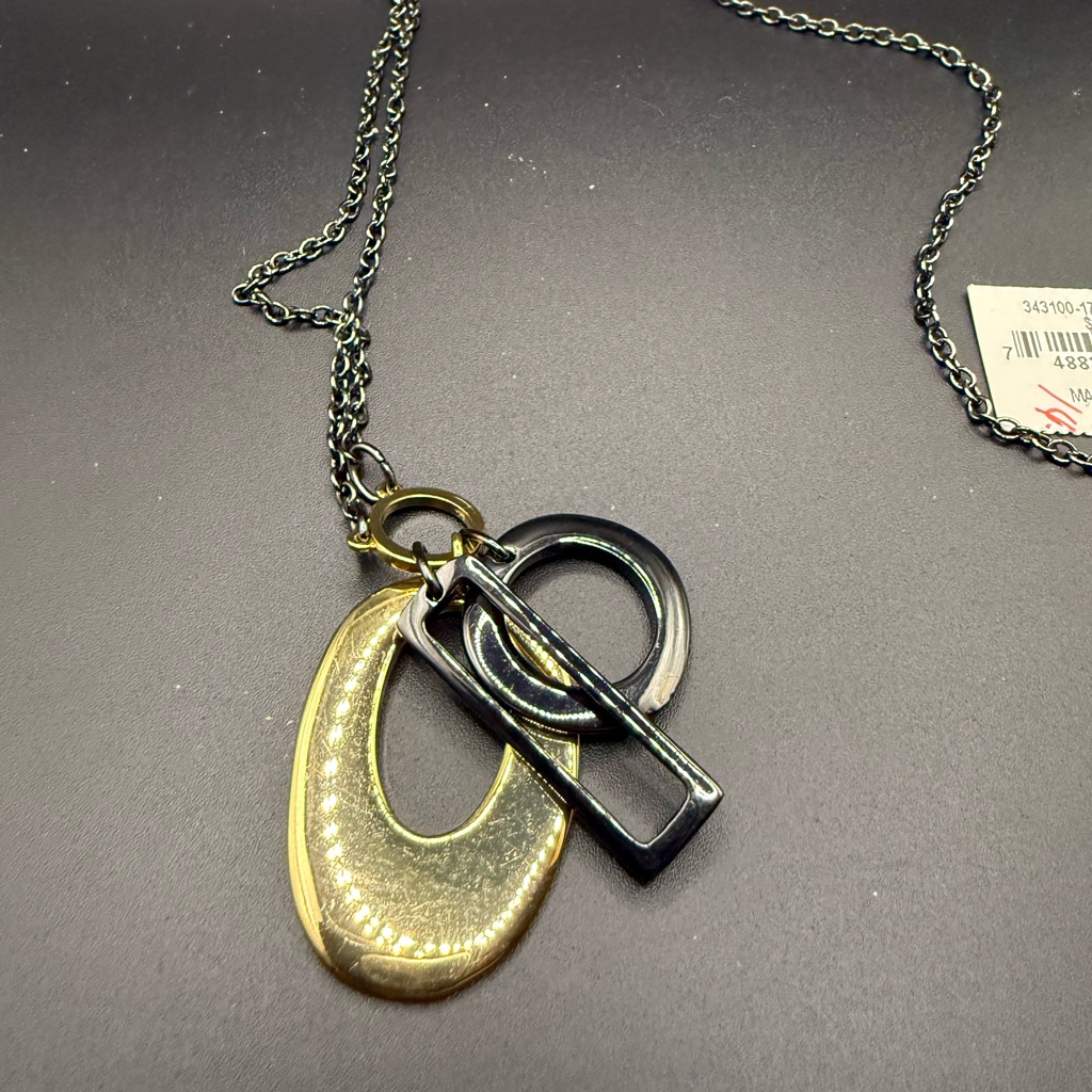 Nwt Tahari Gold Tone, Black And Gunmetal Pendant Long Necklace Chic Minimalist